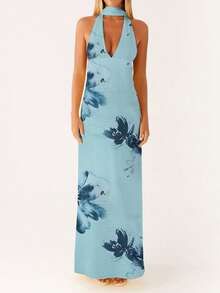Women Sleeveless V Neck Formal Party Evening Cocktail Long Dress Halter Neck Open Back Silk Satin Maxi Dresses With Scarf - Xám Xanh - Xem 2