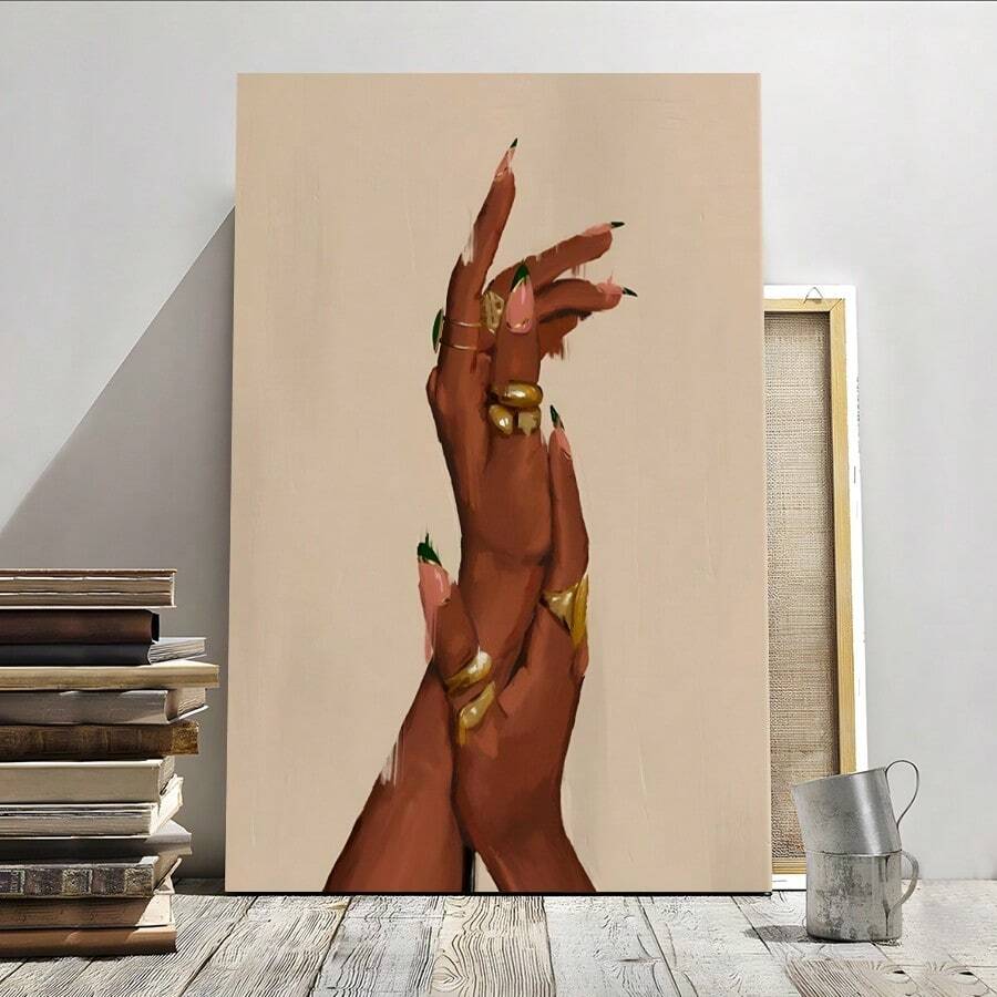 1Pc Framed Hand Close Up Gold Rings Artistic Style Wall Art Textured Canvas Poster Painting Wall Decor For Bedroom Living Room, Ready To Hang - 黑色 - 查看 1