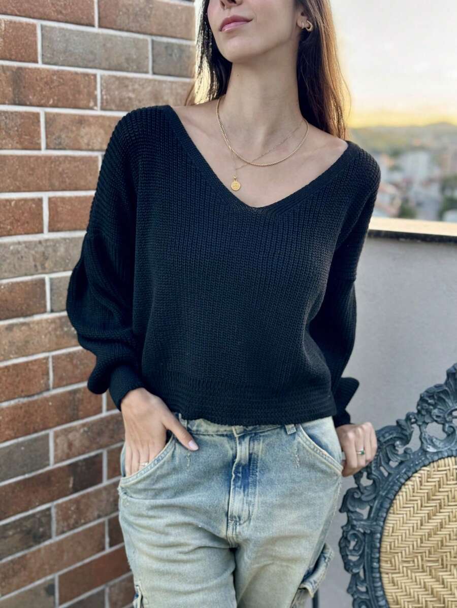 CROCHET KNITTED WINTER BLOUSE V-NECK COLD WARM - Black - View 1