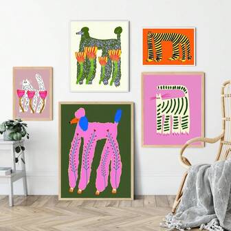1PC Optional Frame Poodle And Plants Art Print Calm Tiger Striped Cat Poster Home Decor Dog Abstract Illustration Living Room House Warming Gift ﻿ ,Wall Art With Frame