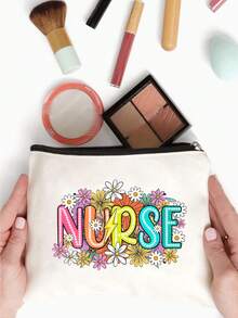 Cosmetic Bag, Cute Retro Minimalist Fashion Letter Print Storage Bag, Gift For Girls, Small Item Storage Cosmetic Bag, Christmas Cosmetic Storage Bag, Toiletry Bag, Clutch, Lightweight Foldable Storage Bag, Minimalist Shopping Bag, Suitable For Personal Travel Cosmetics Storage, Christmas Gift, Minimalist Travel Storage Bag, Solid Color Cosmetic Bag, Christmas Gift, Travel Essential, Vacation, Summer Holiday, Back To School, School Supplies Bag, Travel Bag, Women's Travel Cosmetic Bag - Beige - View 3