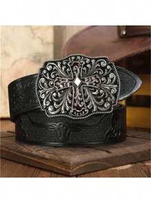 Cinturón vintage de estilo vaquero y occidental para hombre, con hebilla cuadrada grande y lisa de 3.7 cm de ancho con diseño de patrón de cruz
