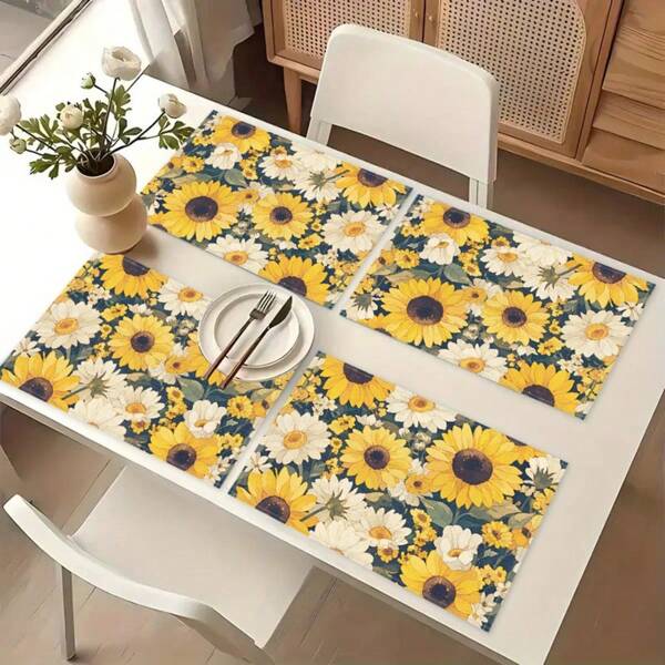 4pcs/Set Elegant Sunflower Printed Placemats, 17.72*11.82 Inch, Holiday Placemats, Decorative Placemats, Machine Washable, For Dining Room, Party, Holiday, Dining Table, Home Decor, Kitchen Decor