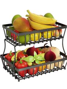 1pc Fruit Basket Vegetable Basket, Metal Storage Basket With Hook And Wooden Handle, Stackable And Movable Kitchen Storage Rack Fruit Storage Basket Kitchen Bread Vegetable Fruit Basket Bowl Rack Detachable Metal Rectangular Wire Base, Countertop Fruit Vegetable Basket Bowl For Kitchen Counter, Detachable Wire Storage Basket Fruit Rack Rack Organizer - Black - View 4
