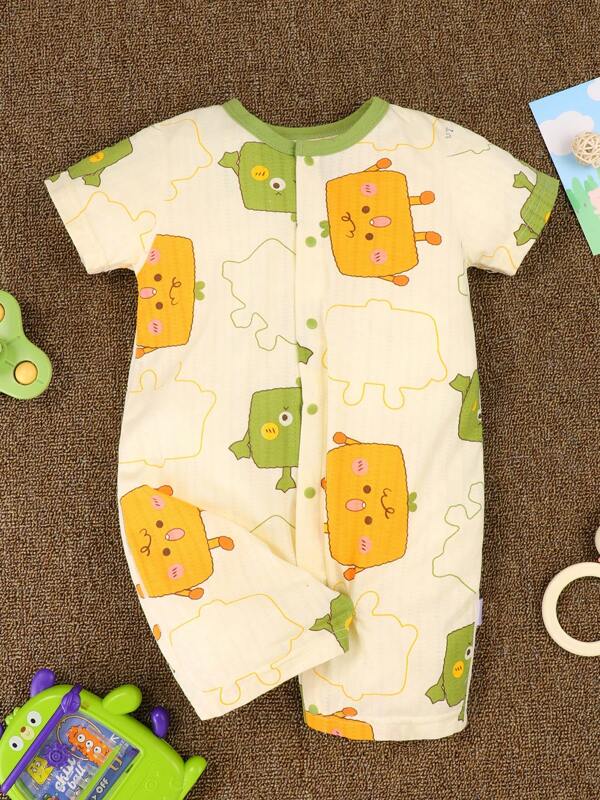 1pc Newborn Infant Baby Romper, Cartoon & Geometric Print, Soft Stretch Modal Fabric, Short Sleeve Shorts, Suitable For Home Wear & Outing, Lightweight Summer
