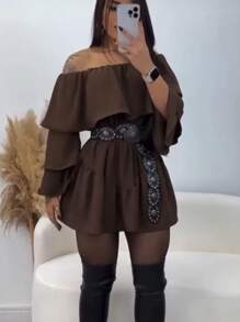 Vestido Macaquinho Manga longa feminino manga em camadas, macaquinho com babado
