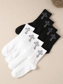 1/2/5/8/10/20 Pairs Men's Versatile Comfortable Plain Black & White Design Mid-Calf Socks, All-Season, Fall