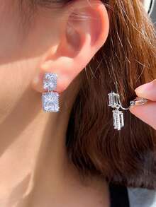 1 Pair Simple Style Elegant Double Baguette Cut Cubic Zirconia Clip On Earrings, Square Drop Dangle Silver Plated Non-Pierced Wedding Jewelry For Engagement, Bridal, Banquet, Party, Prom To Women, Brides, Bridesmaids - White - View 7