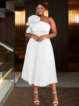 加大码单肩褶皱3D玫瑰毕业礼服，适合夏季、圣诞派对、情人节、独立日等场合。