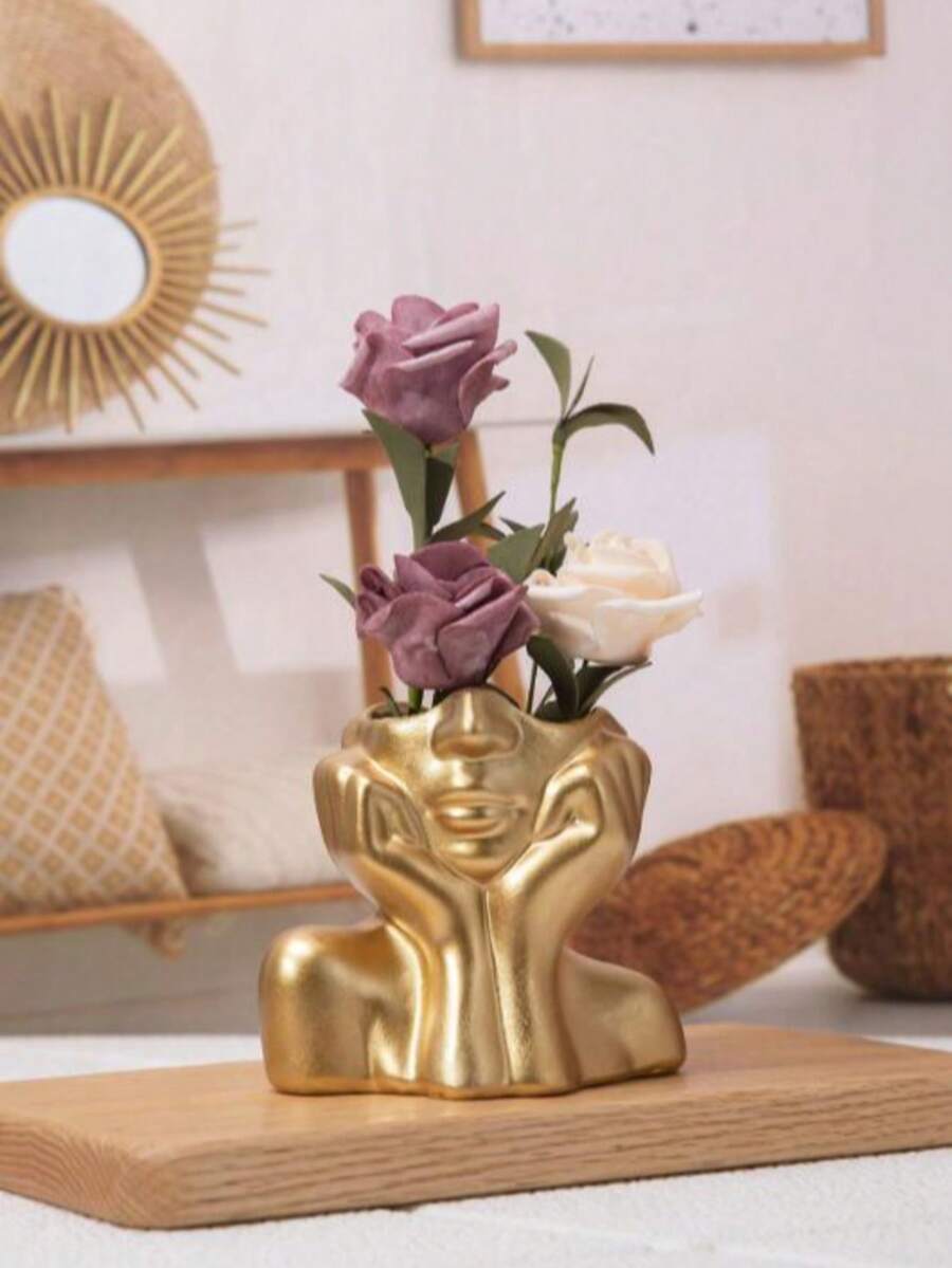 1pc Golden Resin Vase For Decoration, Flower Head Vase, Beauty Tools Storage, Office Stationery Storage, Modern Simple Vase, For Home Decoration Living Room Desk Decoration - Multicolor - View 1
