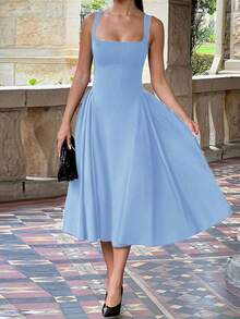 WOWDARK Women Square Neck A-Line Sleeveless Solid Color Dress For Autumn - Baby Blue - View 5