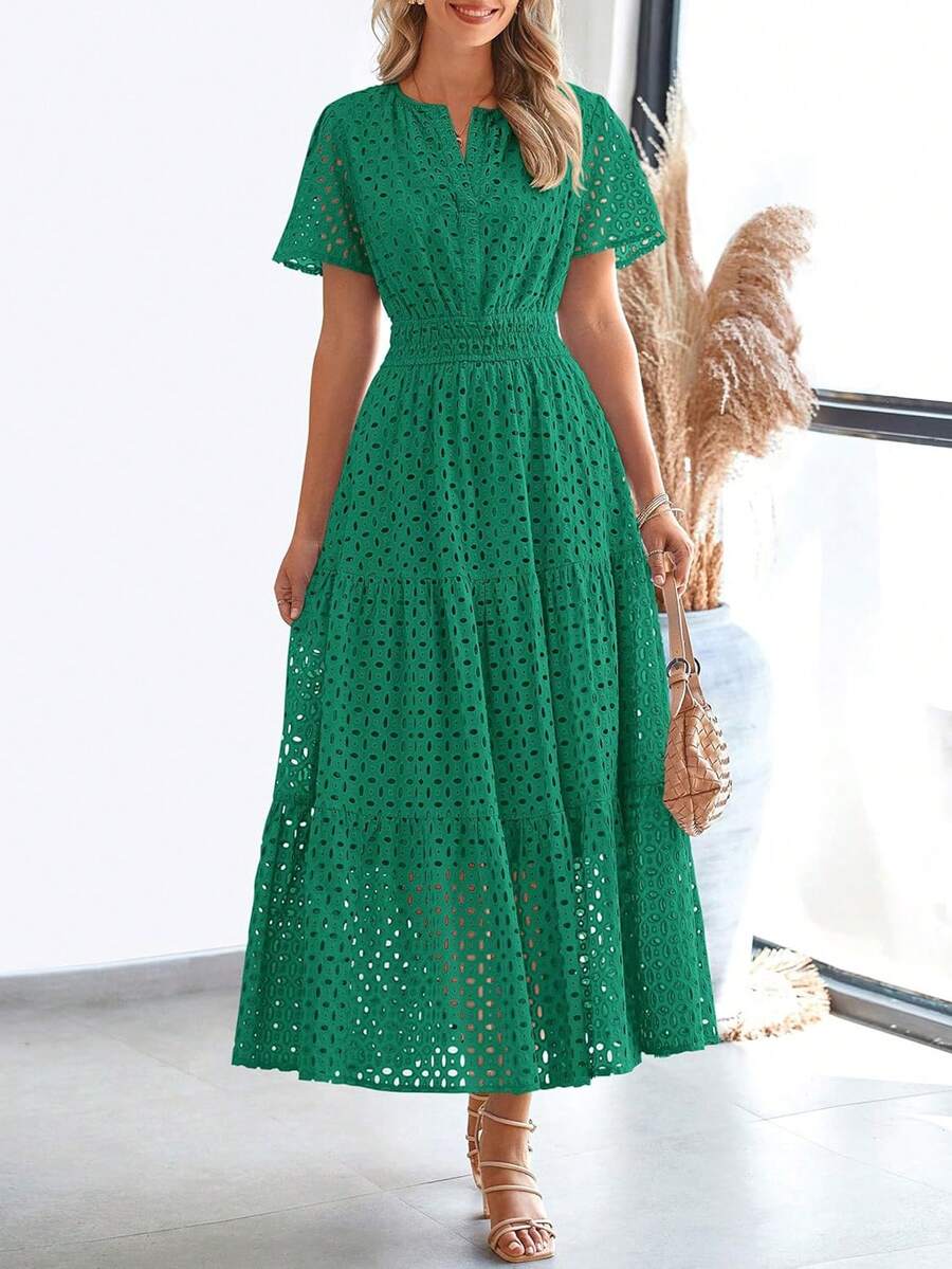 Womens Summer Maxi Dress Short Sleeve V Neck Hollow Out Eyelet A Line Long Flowy Beach Vacation Dresses - màu xanh đậm - Xem 1