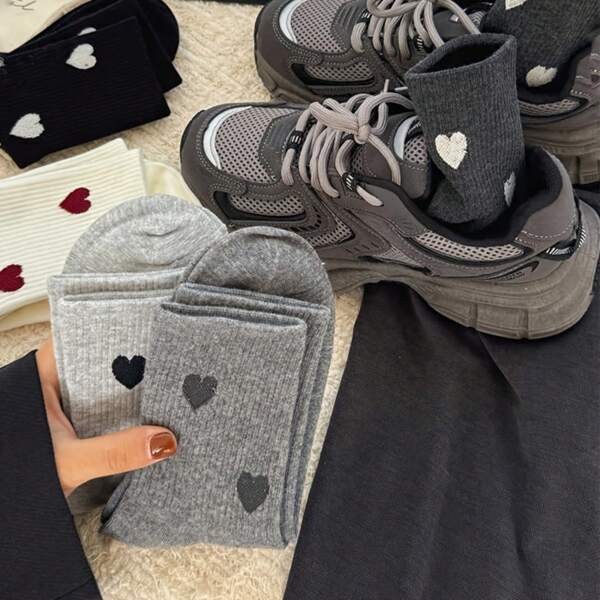 5 Paar sortierte Herzmuster Damen Socken, koreanischer Stil und vielseitig einsetzbar, für alle Jahreszeiten