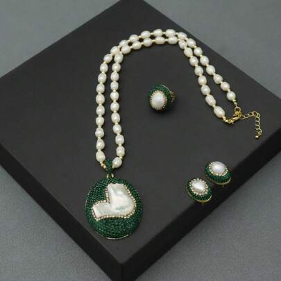 Vintage Gemstone Jewelry Set For Women, Copper Plated Gold Jewelry Set With Natural Baroque Pearls, Czech Rhinestones Pendant Necklace, Earrings, Ring (Each Piece Is Handmade And Unique, May Differ Slightly From The Image, Please Understand. Includes Natural Asymmetrical Pearl Necklace, Pearl Earrings, Pearl Open Ring. Elegant, High-Quality Handmade Jewelry Set Suitable For Formal Wear And Daily Outfits.