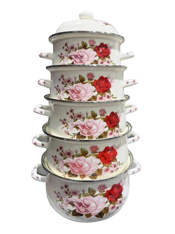 Rote und rosa Blumen-Emaille-Topf, geeignet zum Kochen von chinesischen Kräutern, großer Suppentopf mit dicker Emaille, keramischer Doppelhenkel Suppentopf, 5 Stücke Set, dicker Emaille-Topf mit Doppelhenkel Schmortopf, Nudeltopf, Milchtopf, Emaille-Suppentopf mit Deckel