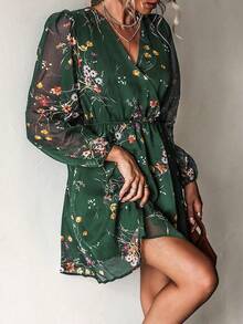 Women's Floral Chiffon Mini Dress-Casual V-Neck With Long Peasant Sleeves, Flowy Spring & Summer Dress, Lightweight Polyester, Green Floral Print, Knee-Length, Machine Washable - Green - View 5