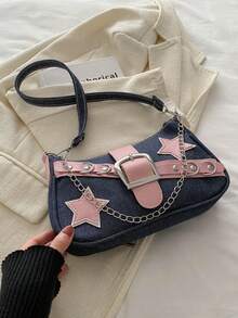 Decorative Buckle Detailing, Stitching, Chain Strap Shoulder Bag, Women's Decorative Buckle Shoulder Bag, Street Fashion Hobo Bag, Small/Medium Size Crossbody Bag And Wallet Set, Suitable For Shopping, Dating, Women's Gift, Suitable For Teen Girls, College Students, Work, Business, Commuting - Navy Blue - View 4