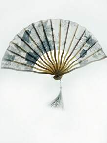 1pc Traditional Ink Painting Hand Fan, Retro Classical Style, Handheld Bamboo Fabric Fan, Portable Vintage Cheongsam Accessory, Elegant Floral Pattern With Tassels, Home Decor And Personal Use