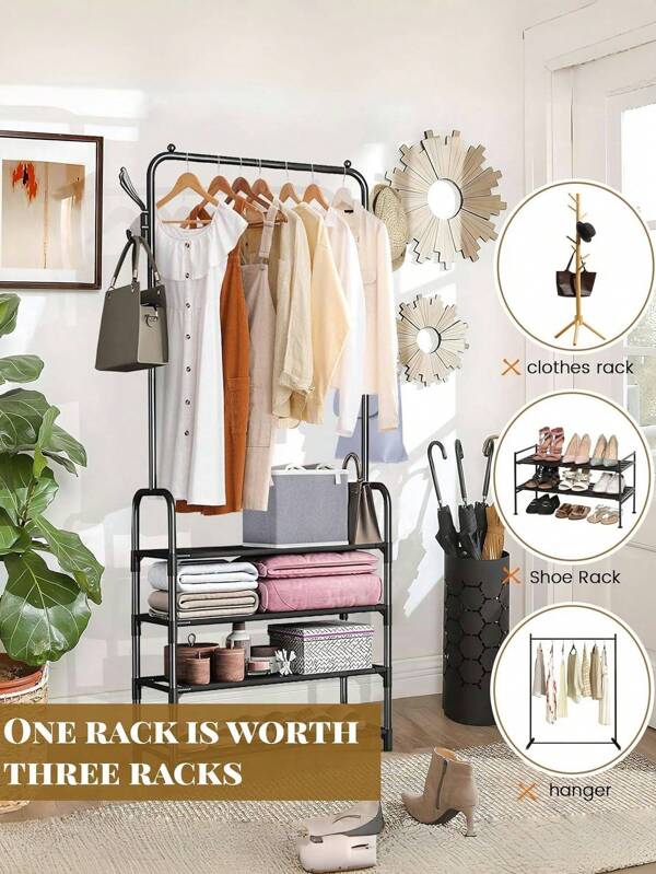 1pc Portable Closet Organizer - Multi-Functional, With Clothes & Shoe Rack, 24 Inches Wide, Portable Wardrobe, Shoe Rack, Storage Rack, Movable Bedroom Clothes Rack, Easy Assembly, Suitable For Living Room, Entrance, Bedroom, Study, Office, Holiday Gifts, Christmas Present