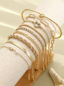 19/11/9/15/8/12/23pcs Set Of Heart Knot, Crystal Rhinestone, Geometric Beaded, Faux Pearl, Wide Metal Snake Chain, Twisted Chain, Horseshoe Chain, Minimalist Plain Chain, Open Cuff Bracelet, Fashion Elegant Vintage Bohemian Design, Suitable For Holiday, Party, Date, Gift, Daily Wear