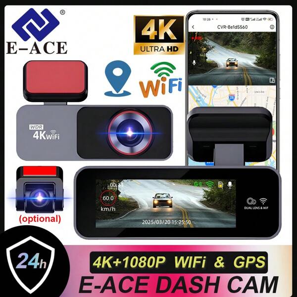 EE-ACE Cámara de salpicadero E-ACE para automóviles 4k, Cámara de salpicadero 2160P para automóviles, Cámara de salpicadero 4K frontal y trasera 1080P, Accesorios para automóviles con control de aplicación gratuita, Super visión nocturna de la cámara de salpicadero frontal 4K, Cámara para automóviles frontal, Grabación en bucle, G-Sensor, WDR, Mini cámara con línea Buck para monitor de estacionamiento de 24 horas