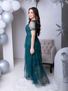 Women's Long Tulle Dress With Shiny Layers And Puff Sleeves Sophistication And Romance In Every Detail - Verde - Ver 3