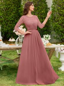 MIUSOL 花卉蕾丝雪纺荷叶边长款连衣裙，优雅女士礼服，正式礼服，适合婚礼宾客、毕业典礼、晚宴及其他场合。 - 藕粉色 - 查看 6