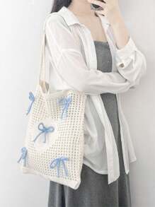 Y2k Bag Baby Pink Bows Pattern Knitted Handbag Foldable Hollow Out Design Crochet Bag Medium Vacation Beige Beach Travel Bag Large Capacity Knitted Hobo Handbag Shoulder Purse For Teen Girls Women College Students,White-Collar Worker,Casual Vacation, Beach Bag, Shoulder Bag, Tote Bag, Cute Bow Bag For Women