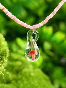 1pc Fashionable Multi-Color Beaded Necklace With Ocean Theme Hexagon, Mushroom, Glass Pendant, Suitable For Valentine's Day, Couple, Best Friends, Family Party, Gift, Beach, Daily Wear For Women