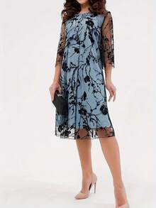 全新优雅时尚 3/4 袖圆领修身中长连衣裙