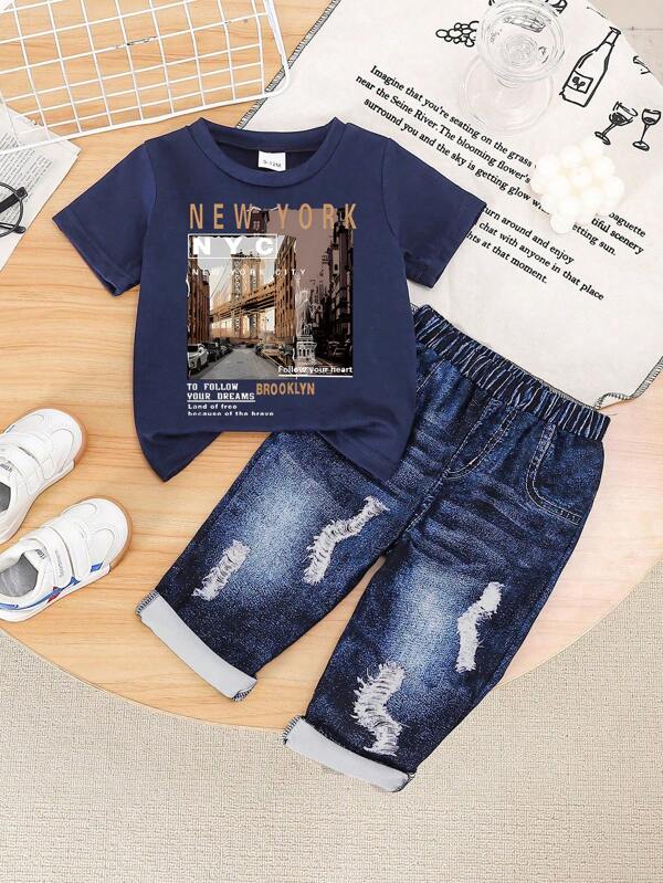 Set de 2 piezas de camiseta de manga corta con estampado de letras y gráficos + pantalones, outfit de verano cómodo para niño/niña