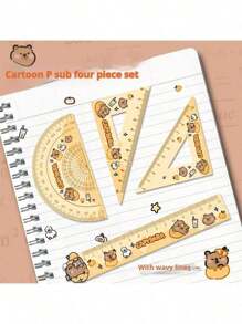 Set de 4 piezas: regla acrílica, regla de cartón, juego de herramientas de medición con dibujos animados para estudiantes, regla triangular, dispositivo de medición de ángulos, lindo, de regreso a la escuela