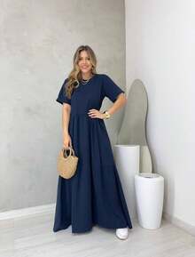 PLAIN LONG DRESS WITH SHORT SLEEVES Simple Casual Elegant Ruffled Hem - Azul Marino - Ver 2