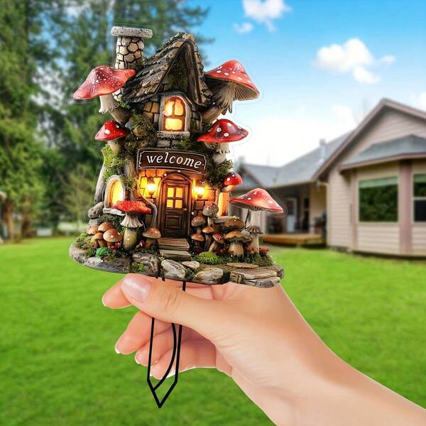 2D Flat Whimsical Mushroom House Garden Stakes - 2D Acrylic Outdoor Decor With Warm Lighting, Suitable For Lawns, Potted Plants And Yards, No Power Source Needed, Modern Style, Great For Easter And Year-Round Garden Enhancement, Garden Stakes With Lighting, Mushroom Decor, 2D Flat