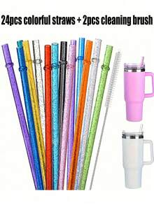 12 st återanvändbara färgglada sugrör med rengöringsborstar, lämpliga för 20 oz-40 oz glasögon, ersättningssugrör, kompatibla med resekoppar, perfekt för utomhusäventyr