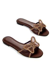 Women's Glamorous Full Crystal Hollow Net Butterfly Decor Brown Chiffon Material Fashion Round Toe Comfortable Flat Mule Sandals, Suitable For Daily Wear And Party,Spring Summer Outfits - Brown - View 2