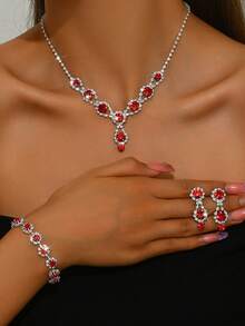 4 件全水钻首饰套装，包括项链、耳环、手链、时尚新娘配饰 - 首飾套裝 - 查看 13