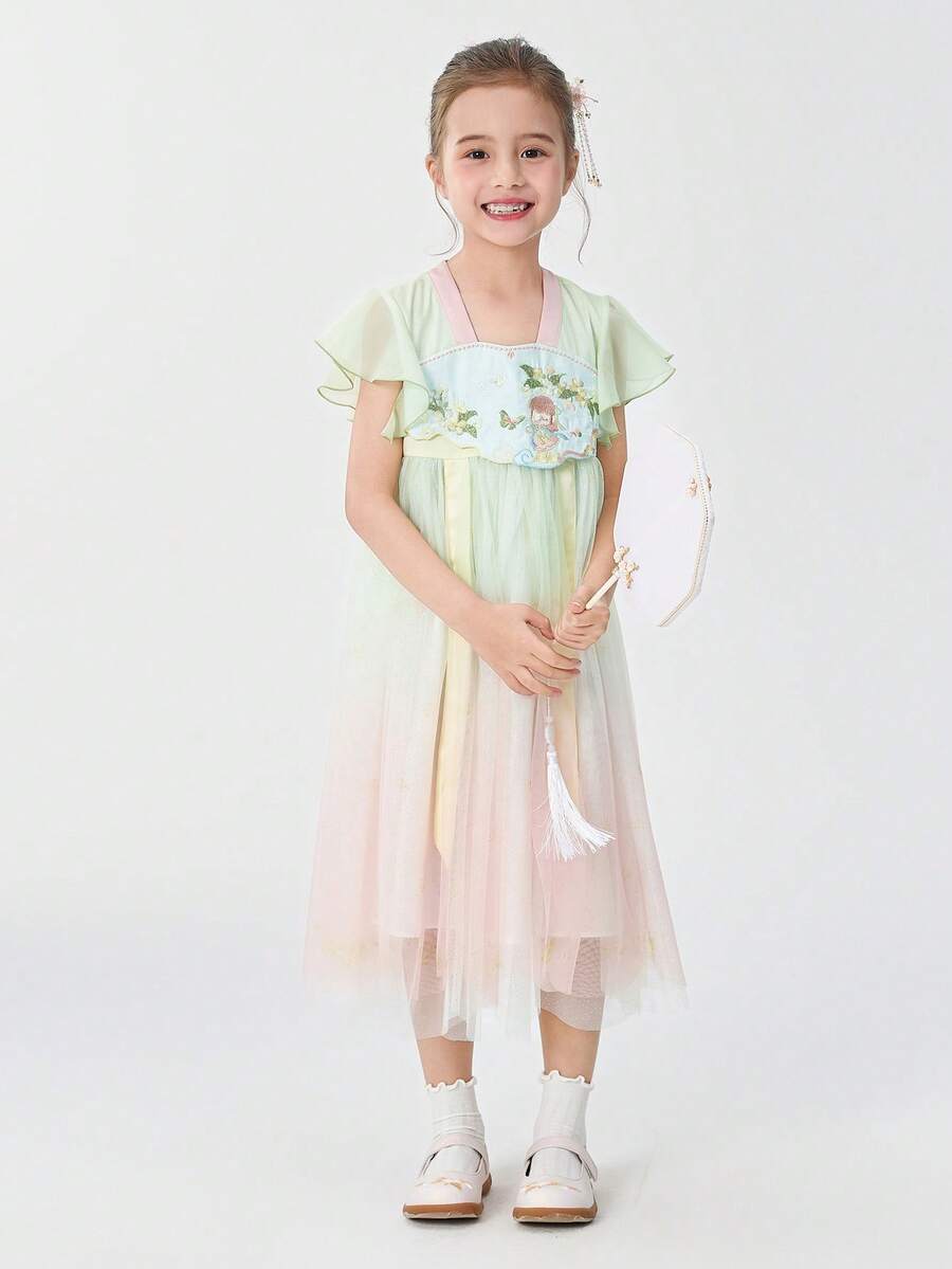 Balabala 2026 Summer Tween Girl Butterfly Embroidered Hanfu Cheongsam Dress - Green and Red Tones - View 1