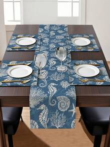 1pc Seahorse Print Table Runner, 4pcs Seahorse Print Placemats, Suitable For Festivals, Parties, Birthdays, Dinners, Kitchen & Dining Table Decor, Applicable All Year Round For Home Decoration And Textiles