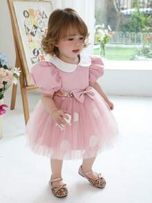 女婴波点泡泡袖蝴蝶结薄纱粉色圣诞派对礼服，优雅公主裙，适合女孩生日、周年纪念、派对、婚礼、宴会、节日庆典等场合。 - 粉色 - 查看 4