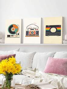3pcs Retro Boombox Wall Art Decor, Vintage Vinyl Artwork, Classic Camera Canvas Print Wall Arts, Minimalist Design Posters, Colorful Stripes Painting, Nostalgic Vibes Modern Home Decor, Poster, Room Aesthetic, Ideal Gift, Optional Frame ,Wall Art With Frame