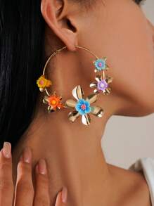 1 par de pendientes de aro bohemios con flores 3D incrustadas de colores, pendientes a juego para el casual verano o vacaciones de la mujer, colores de flores surtidos aleatoriamente
