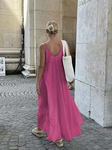 女士休闲优雅纯色细肩带简约别致连衣裙，适合夏季