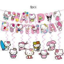 Sanrio 50pcs Sanrio Hello Kitty Party Supplies,Included Birthday Banner,Hanging Vortex,Plates,Napkins,Tablecloth,Includes 1 Pc Birthday Banner,8 PCS Hanging Vortexs, 20 PCS Paper Plates ,20 PCS Napkins ,1 Tablecloth For Hello Kitty Birthday Party Decorations,For Hello Kitty Party Decorations,Hello Kitty Birthday Party Decorations,Hello Kitty Party Decorations