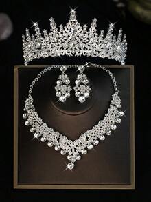 4 件套新娘婚礼套装，包括时尚珠宝水晶皇冠、项链和耳环、婚礼仪式、派对、礼服配饰 - 金色 - 查看 2