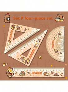 Set de 4 piezas: regla acrílica, regla de cartón, juego de herramientas de medición con dibujos animados para estudiantes, regla triangular, dispositivo de medición de ángulos, lindo, de regreso a la escuela
