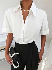 Camisa blanca de manga corta casual para mujer, versátil para uso diario, para todas las estaciones