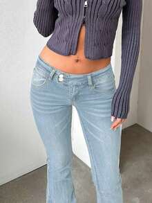 TOP Cross-Border European And American Street Fashion Y2K Hot Girls Tight-Fitting Low-Waisted Women's Bell-Bottom Pants - 淺色水洗藍 - 查看 3