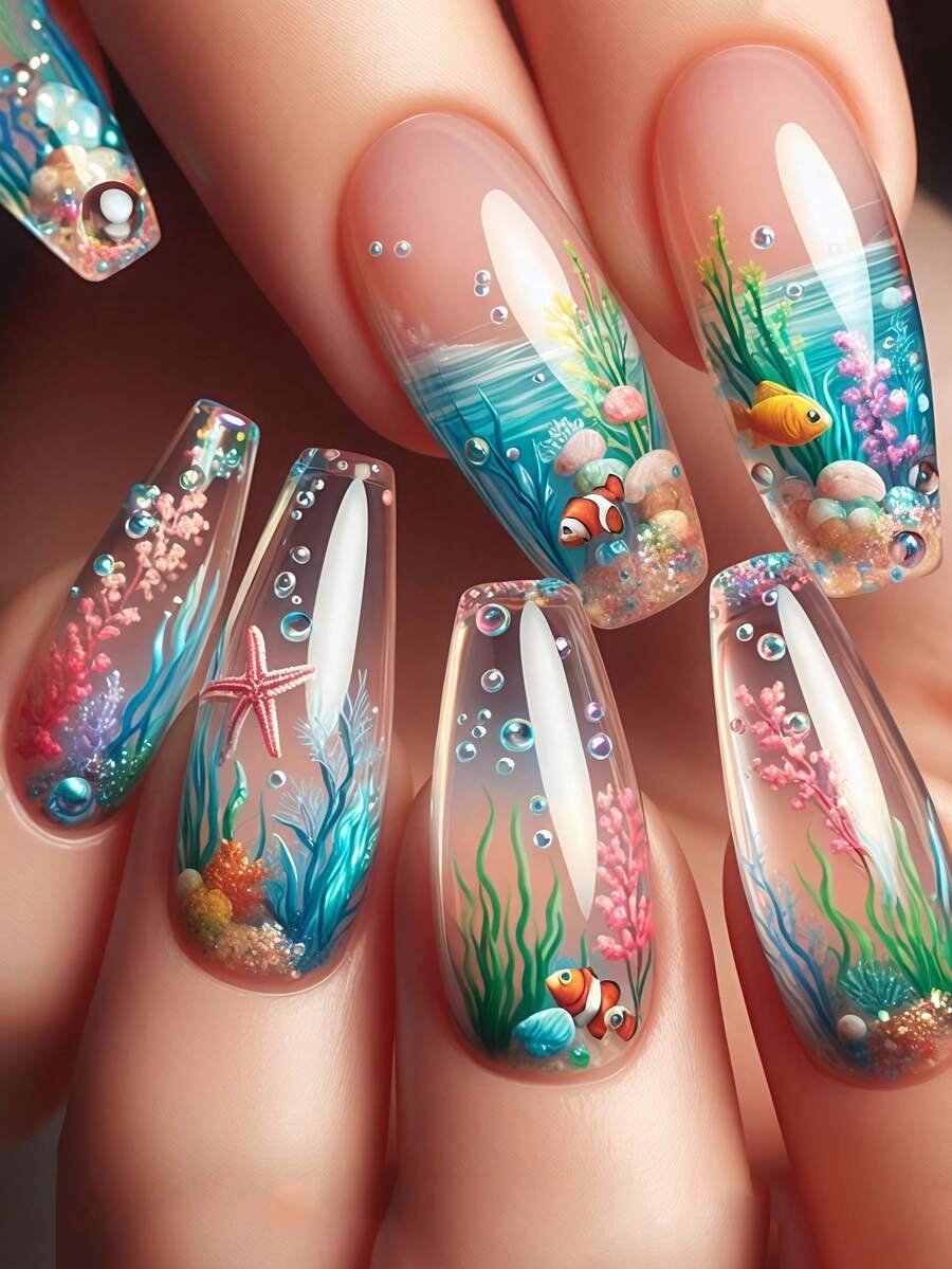 Mittel- und langfristige ballett-förmige mehrfarbige französische Stil Kunstnägel, Quallen und Delfin tragbare Nägel, modisches Design, Ozean-Stil, Vollabdeckung Kunstnägel Aufkleber, Fisch Nageldekoration Zubehör. Geeignet für Bürodamen, Partys und den täglichen Gebrauch. Vollabdeckung Kunstnägel Aufkleber + 1 Flasche Gel + 1 Nagelfeile. Dekorieren Sie Ihre Nägel und verbessern Sie Ihren Modestil. Nägel. Aufklebe-Nägel - Verschiedenfarbig - Übersicht 1