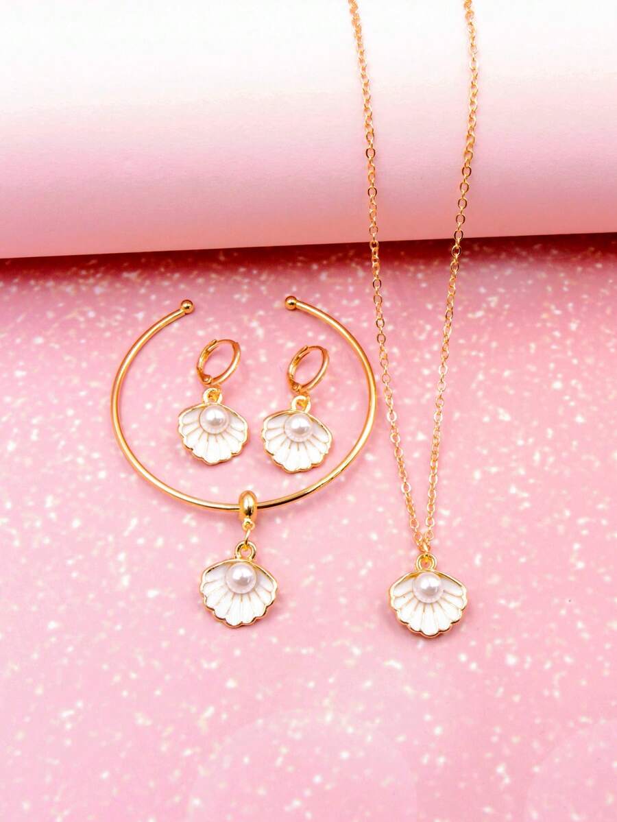 4pcs Set Fashionable Delicate Zinc Alloy Shell Pendant Necklace Bracelet Earrings Jewelry Set